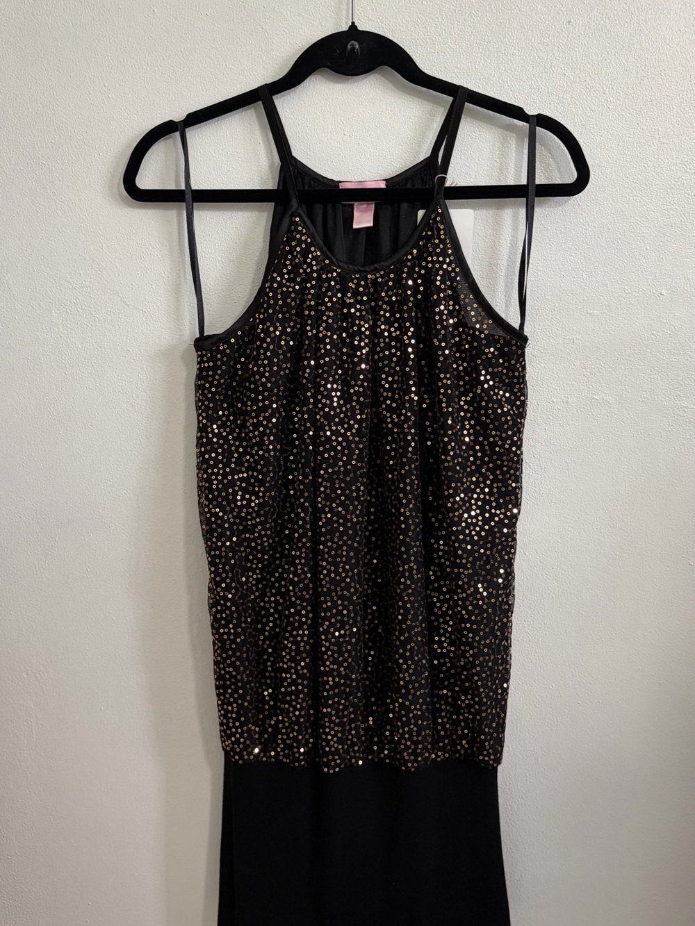 Kiss & Tell Black Sequin Midi Dress with Gold Accent